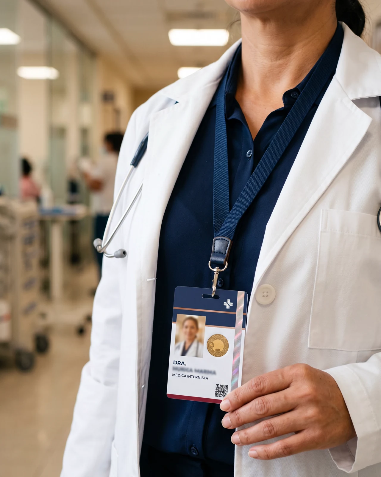 Doctora con bata blanca y estetoscopio · gafete RFID hospital con chip gold visible y holograma security · corredor de hospital regional Latam con iluminación LED clínica cálida